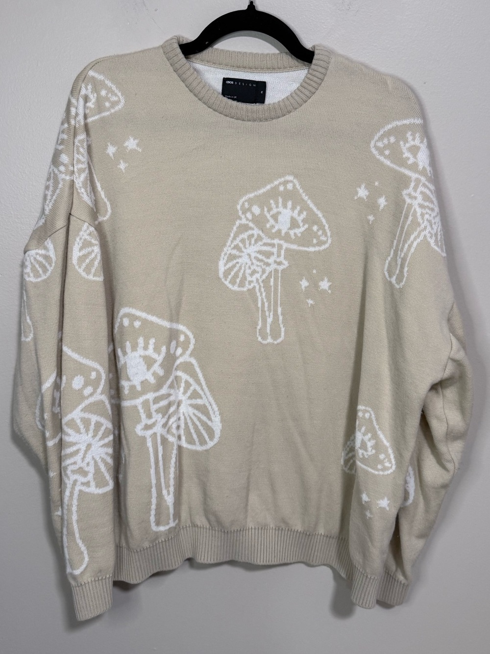 ASOS Neutral Cream Crewneck Sweater with White Mushroom Pattern